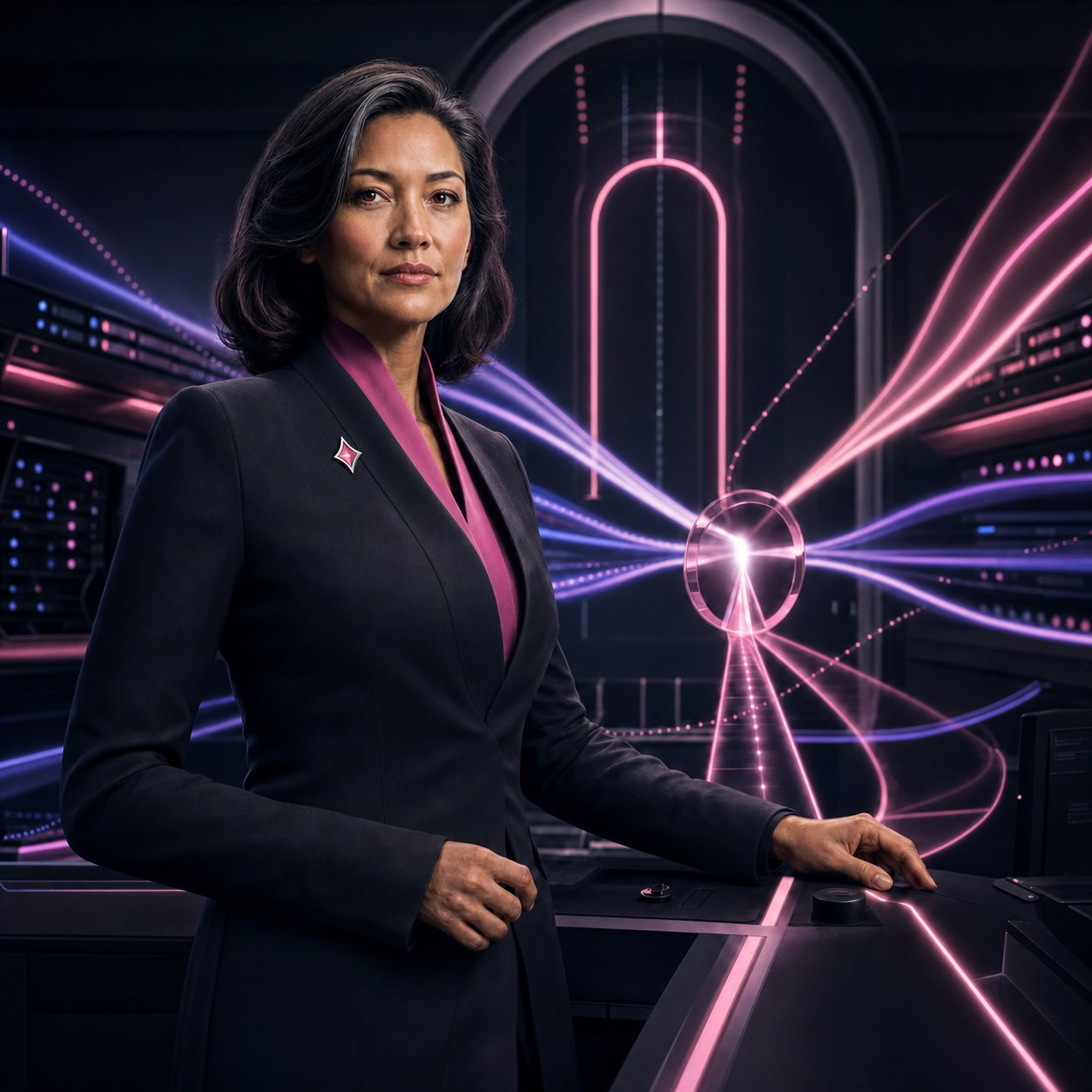 Sage at a model-routing console, wearing her desktop diamond symbol while protected routes converge behind her